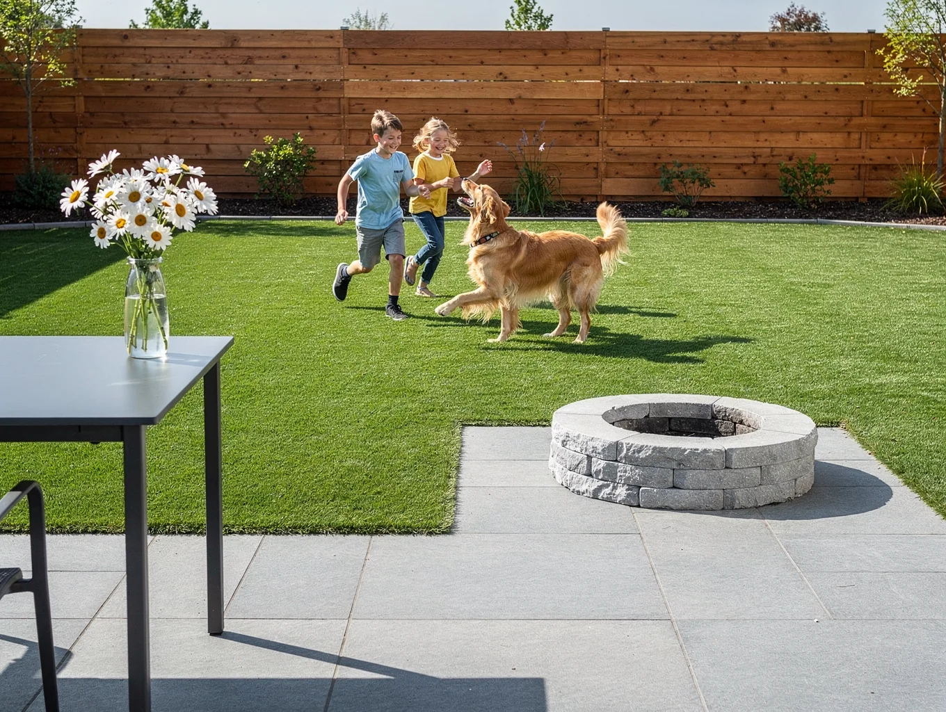 Backyard patio and play area artificial grass in Murphy, Texas