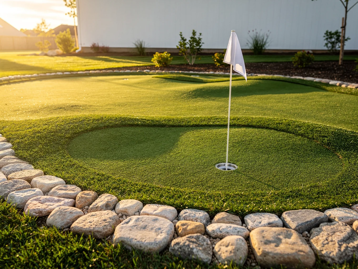 Custom backyard artificial putting green with regulation cups and golf flags