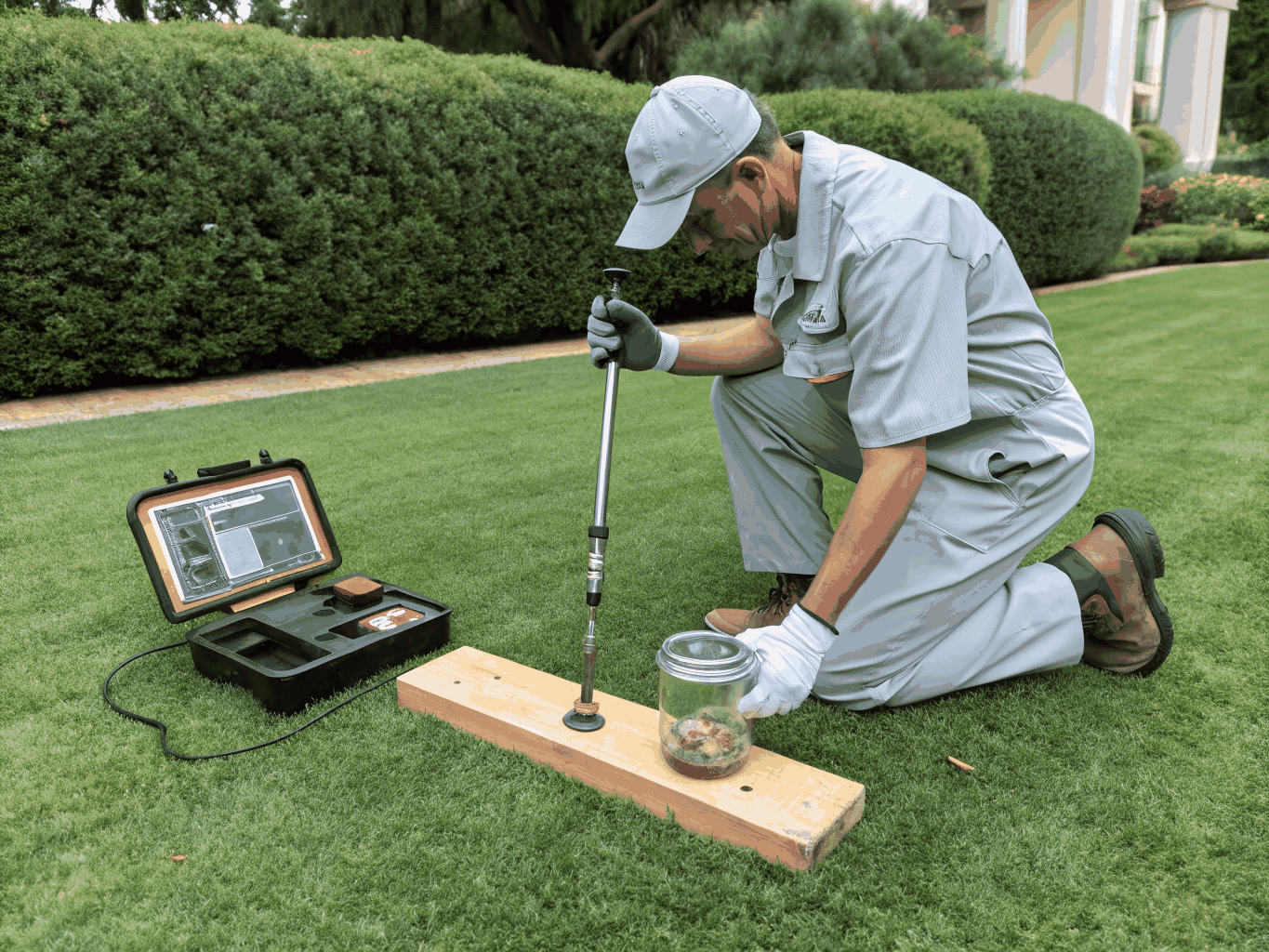 Technician evaluating ground base and soil grade levels