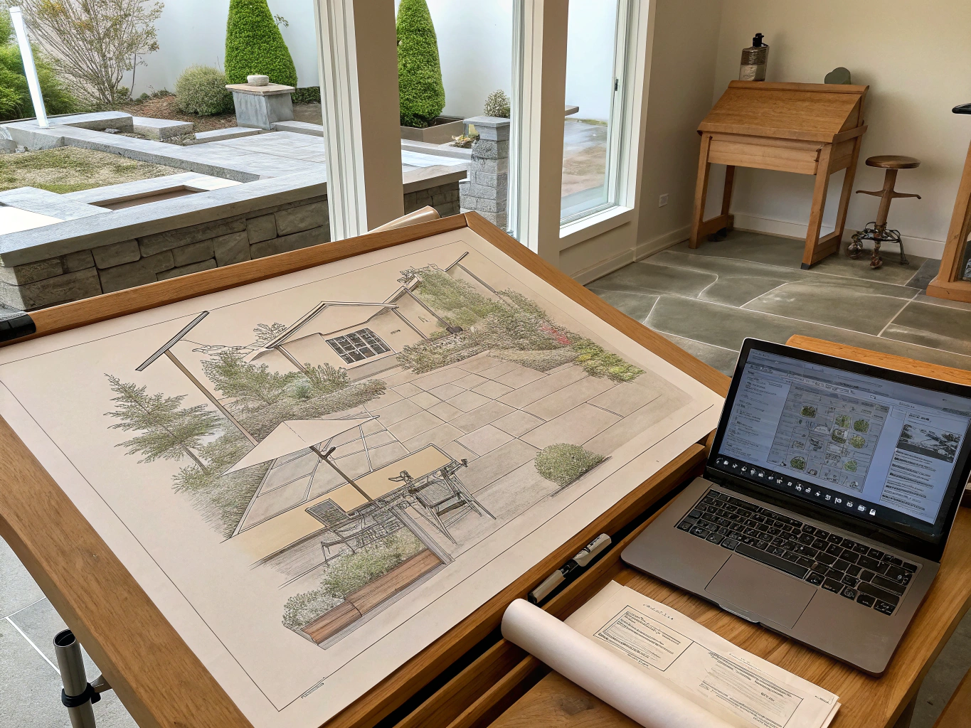 Architectural yard sketch and turf layout plan on drafting table