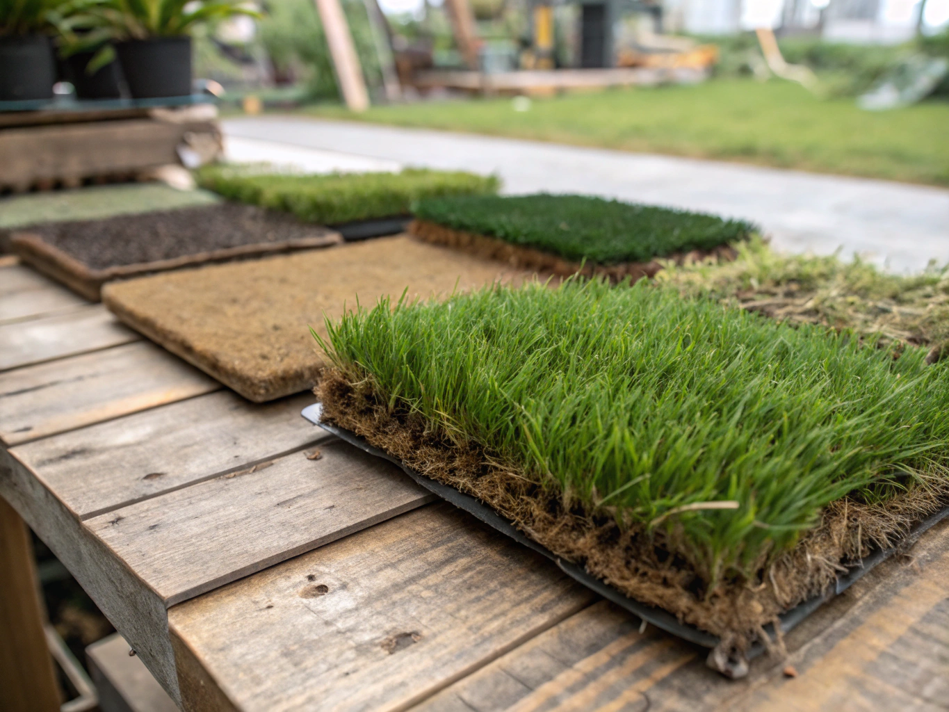 Homeowner comparing synthetic grass sample squares and infill options