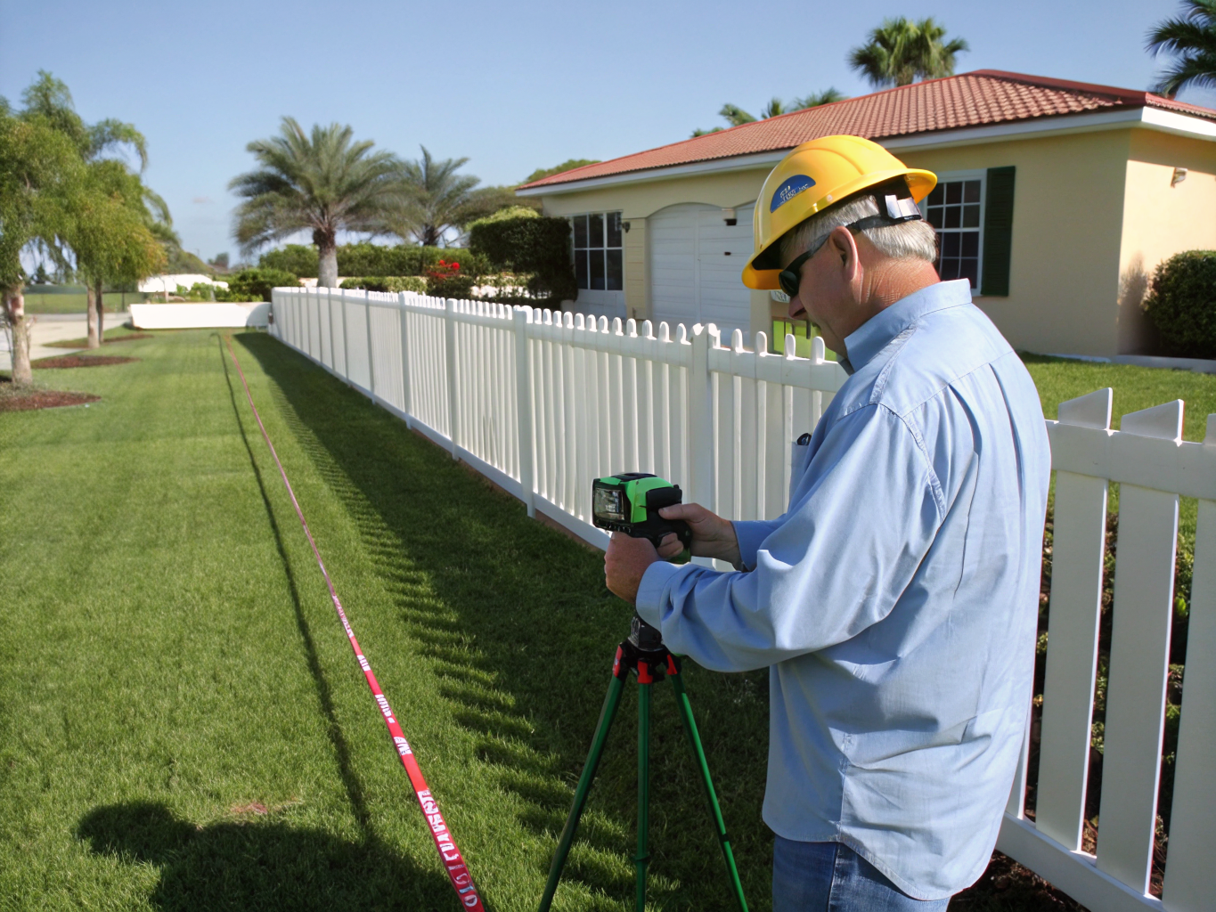 Professional measuring lawn dimensions during turf consultation