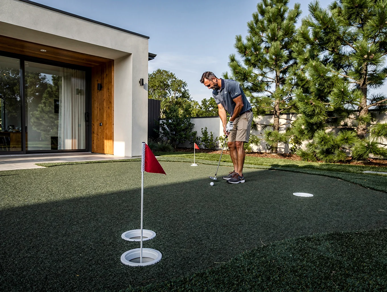 Private apartment balcony with custom putting turf green and practice cup