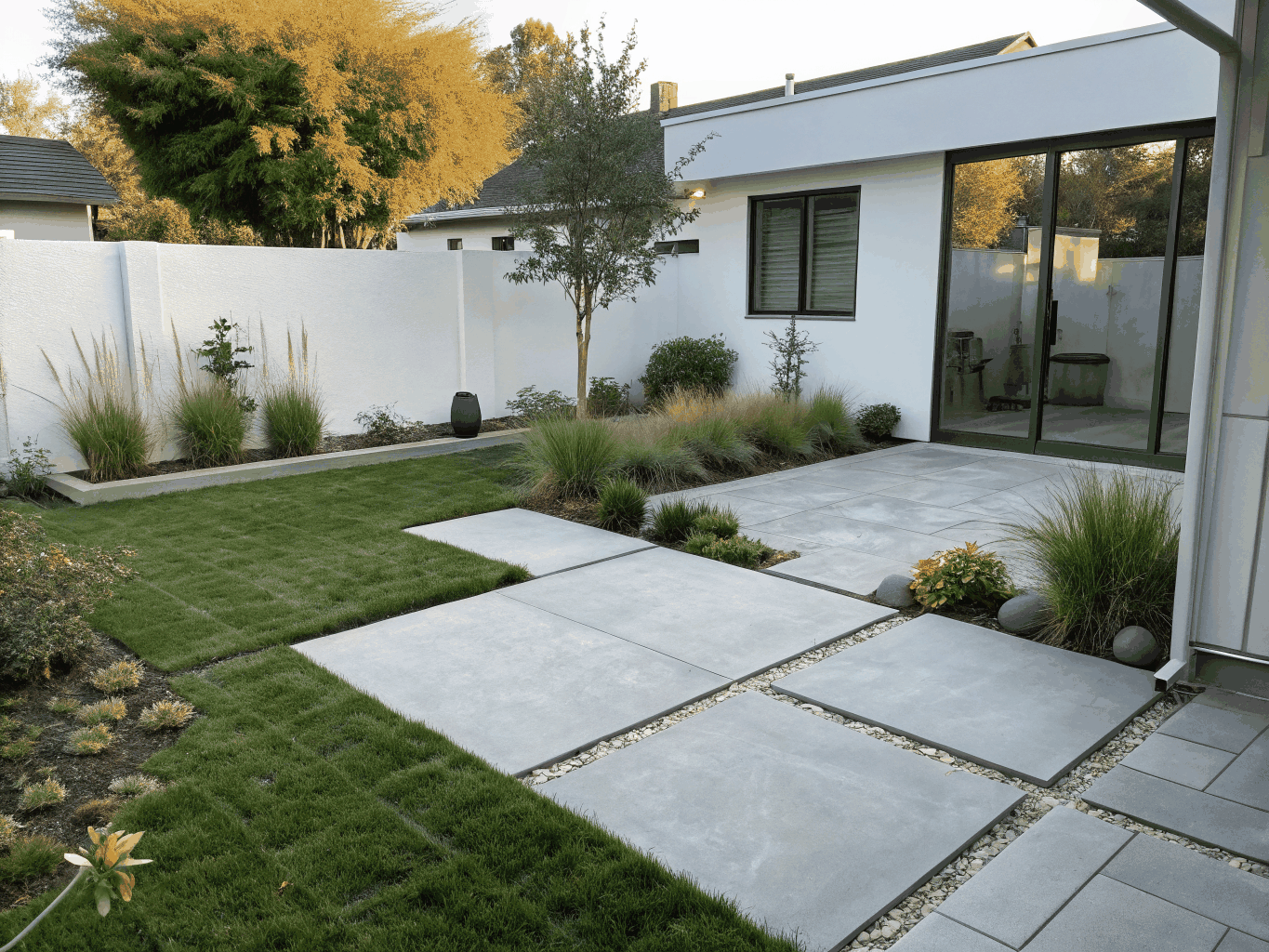 Urban residential courtyard with clean artificial grass grids between concrete stepping pads