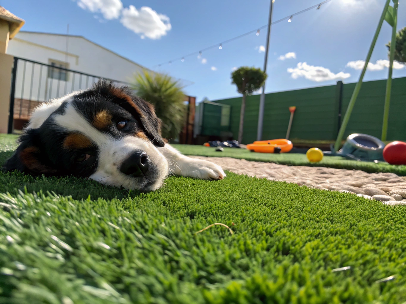 Dog resting on clean pet-friendly artificial grass in a dedicated backyard run