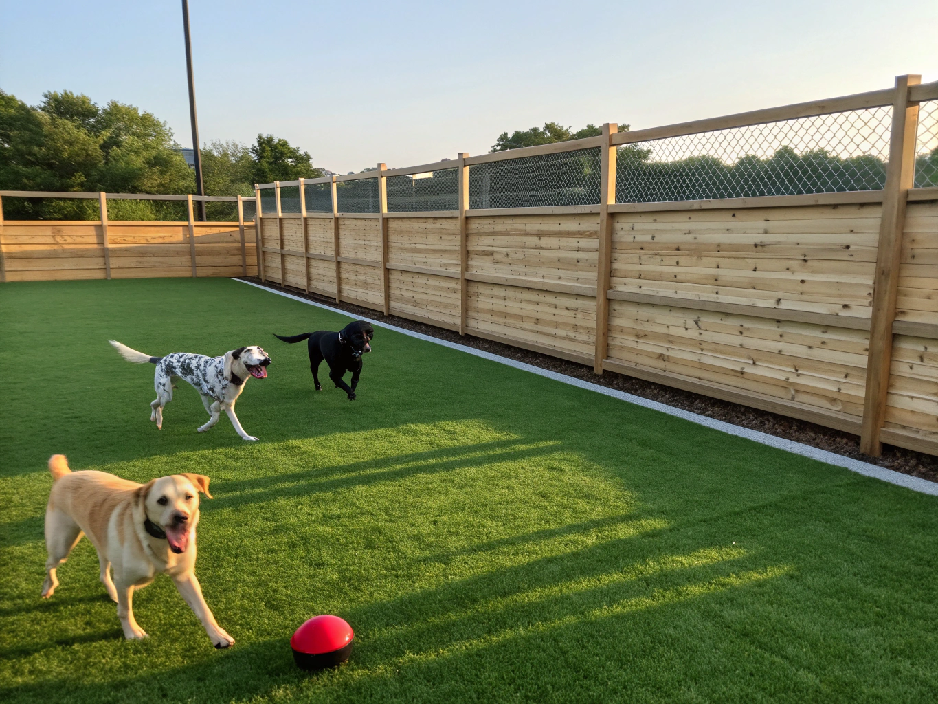 Commercial pet boarding play yard with durable synthetic grass in Plano TX