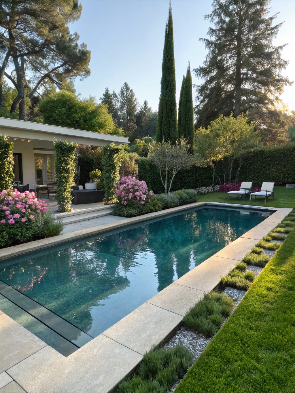 Modern backyard pool surround and residential synthetic grass installation in North Texas