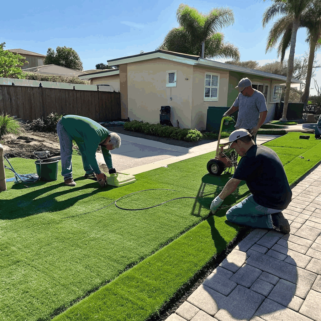 Precision synthetic grass installation in a residential backyard