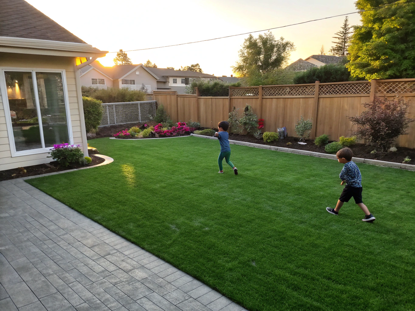 Luxury residential lawn with synthetic turf overlooking a lakeside neighborhood in North Texas