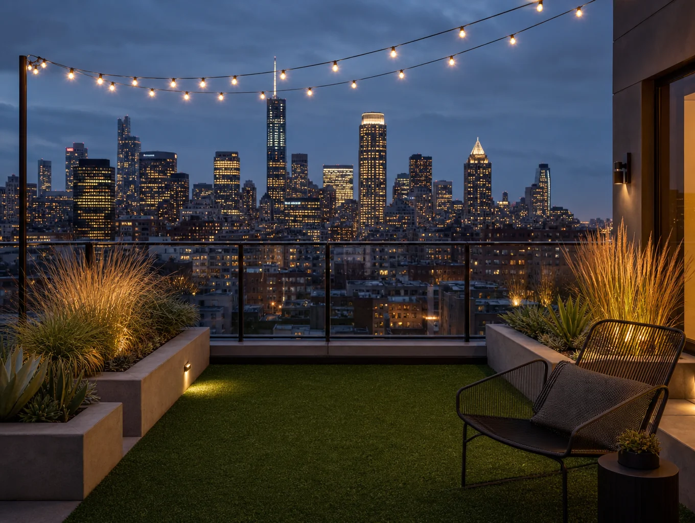 Modern urban rooftop deck featuring lush green synthetic turf installation with patio seating