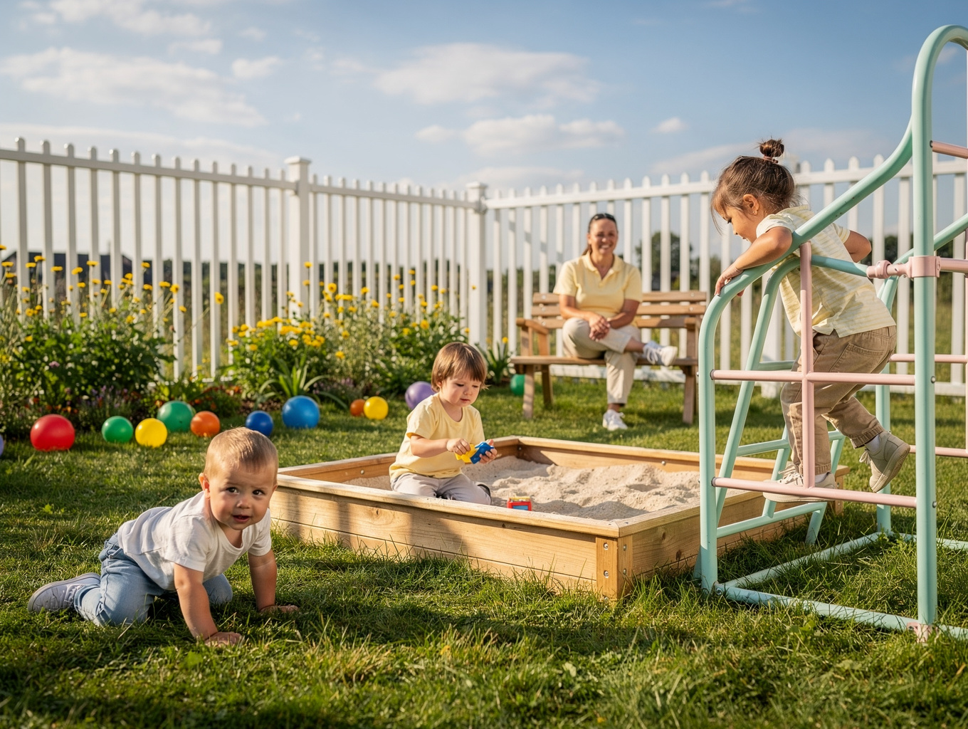 Childcare center enclosed play area with soft synthetic turf lawn