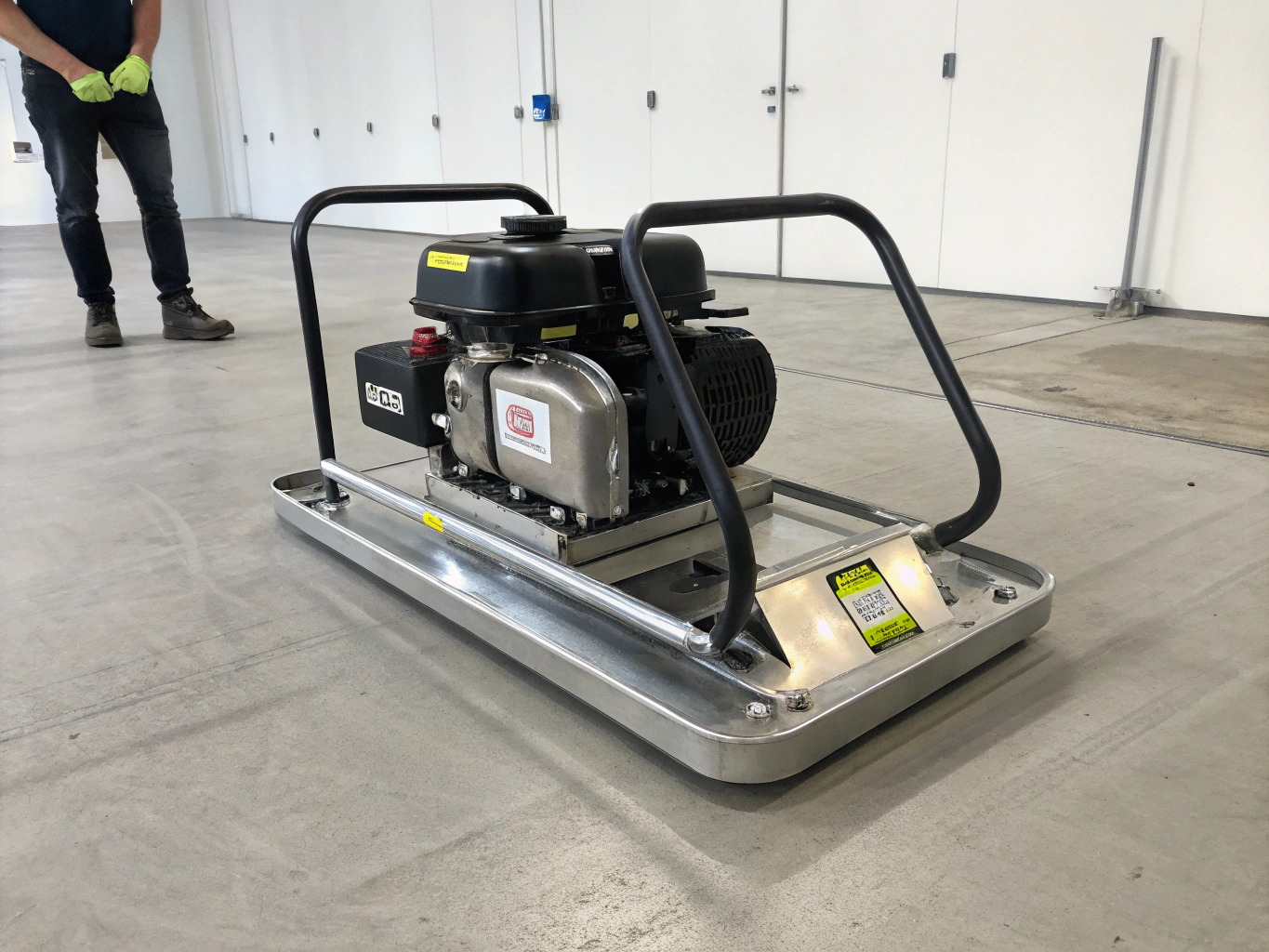 Vibratory plate compactor tamping down decomposed granite aggregate base