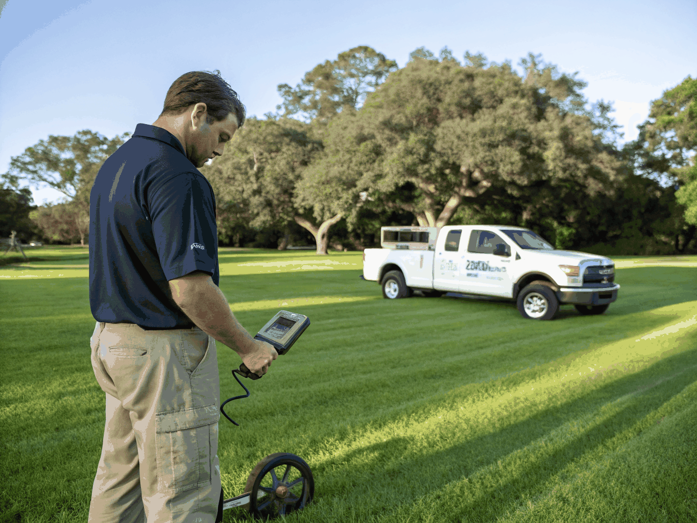 Turf installation professional measuring lawn dimensions during on-site consultation