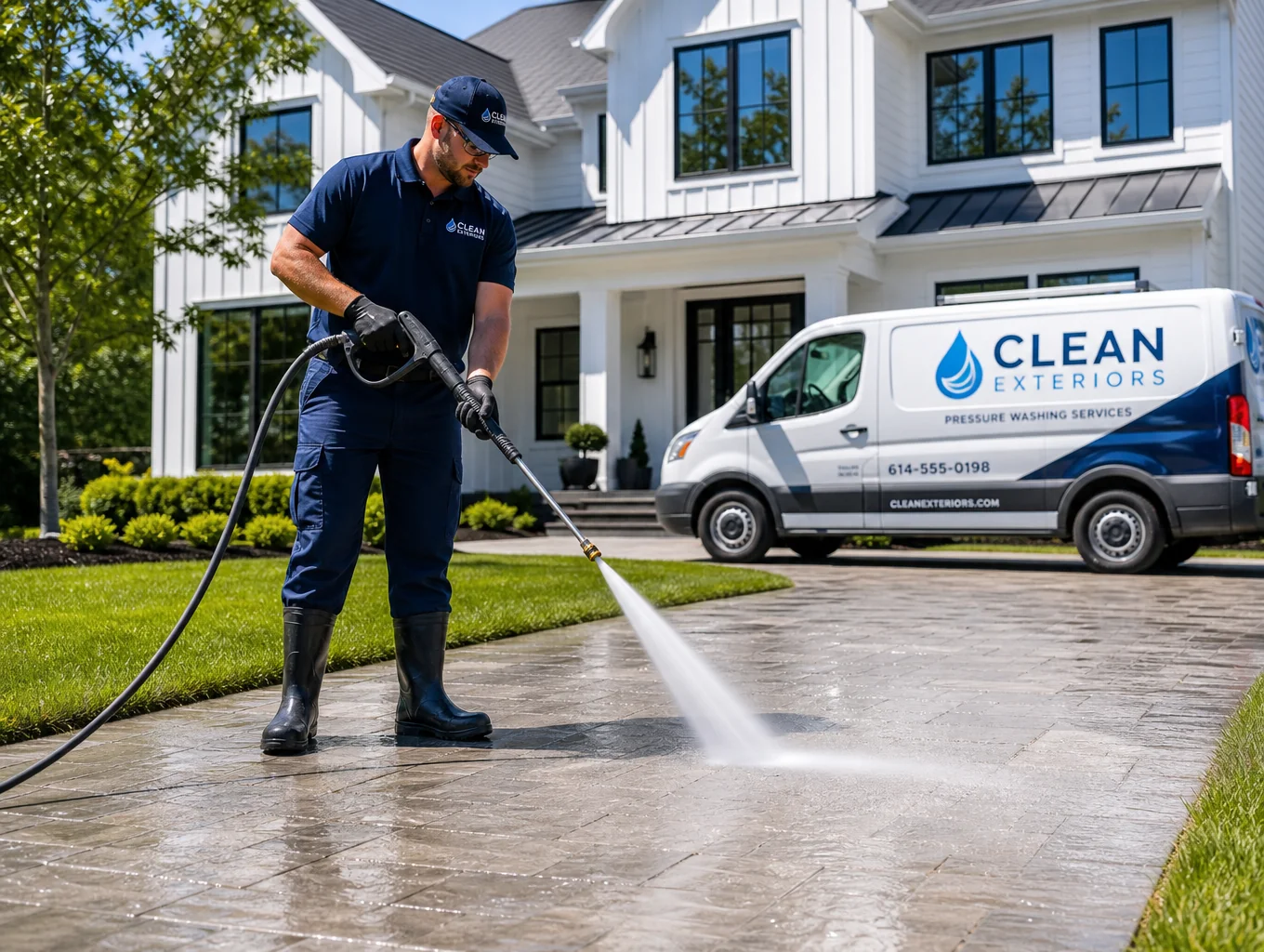 High-pressure sanitizing wash and organic debris extraction on artificial grass