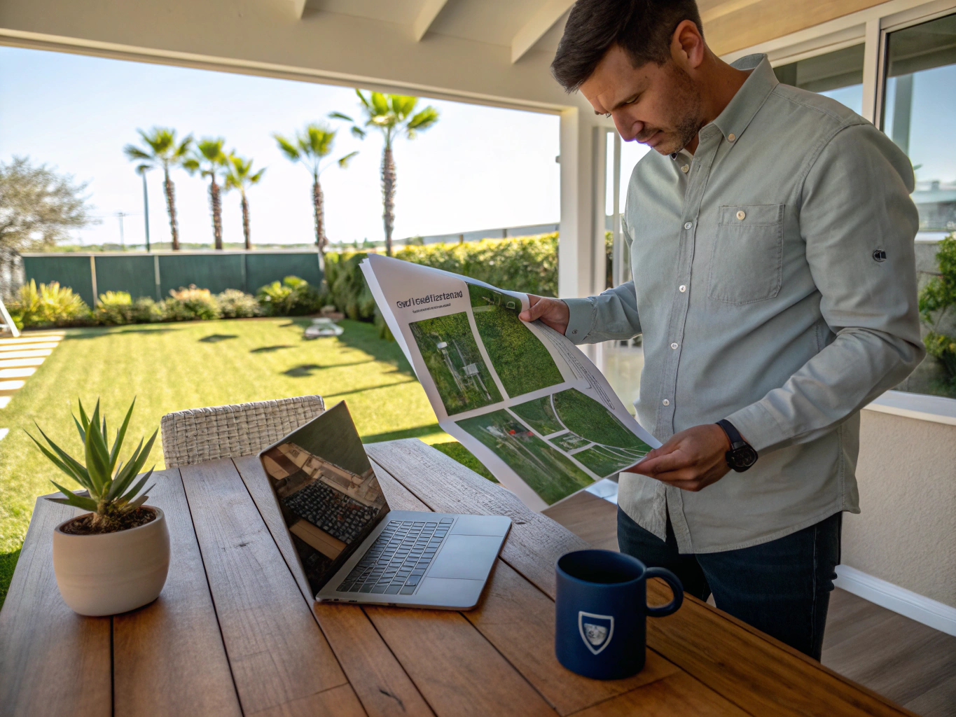 Turf landscape designer reviewing layout plans with homeowner in backyard
