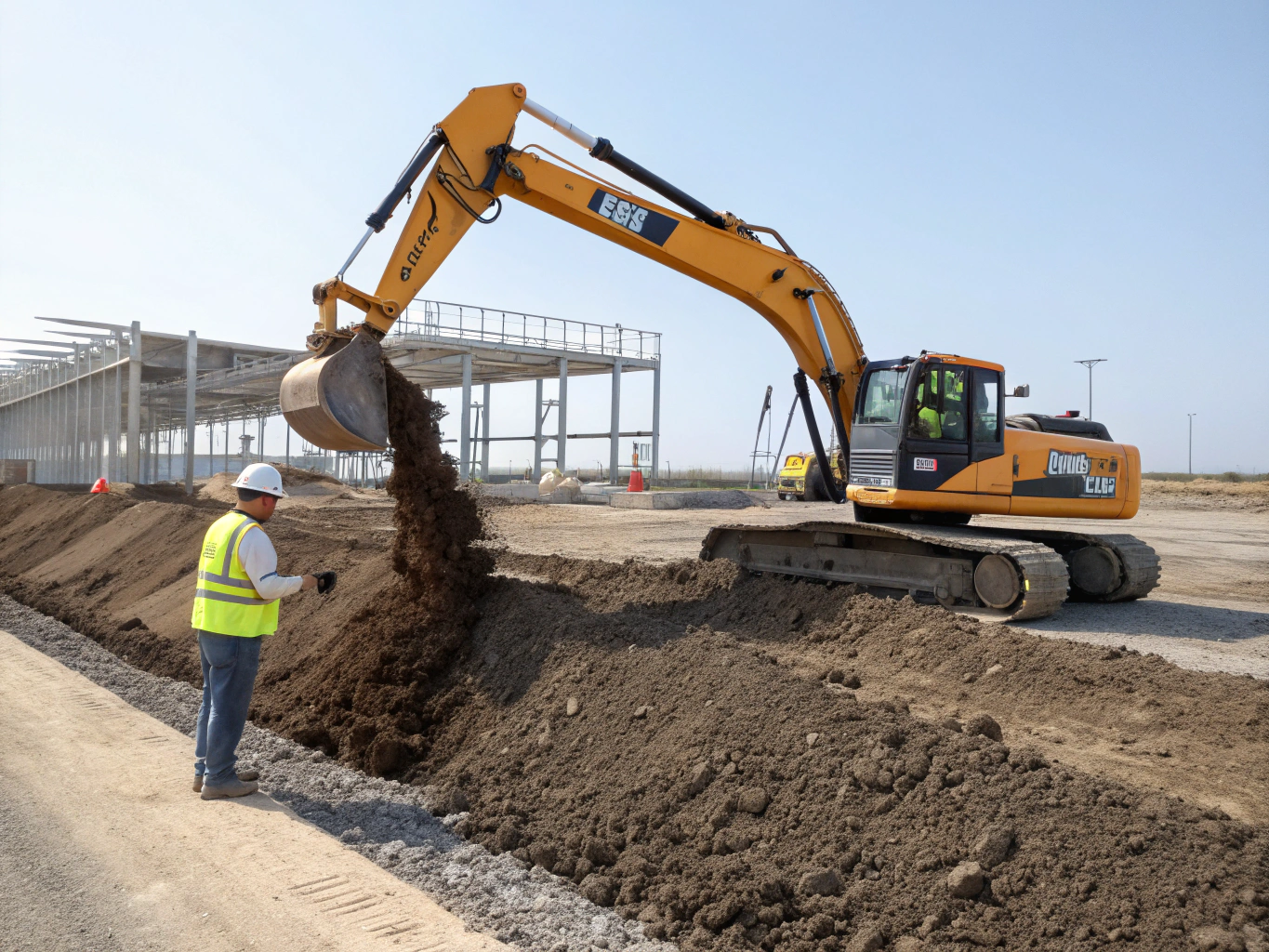 Excavation equipment and clean base rock grading on a cleared yard