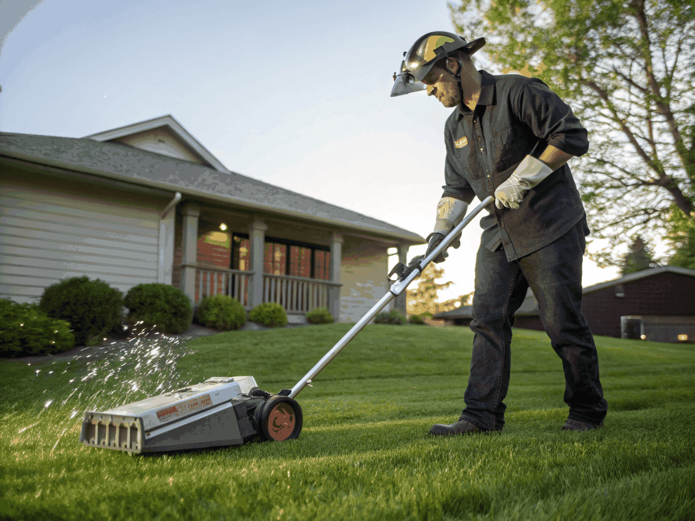 Professional power broom grooming and mechanical brushing on synthetic turf fibers