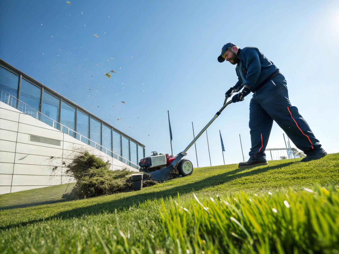 Professional power broom standing up compressed synthetic grass blades