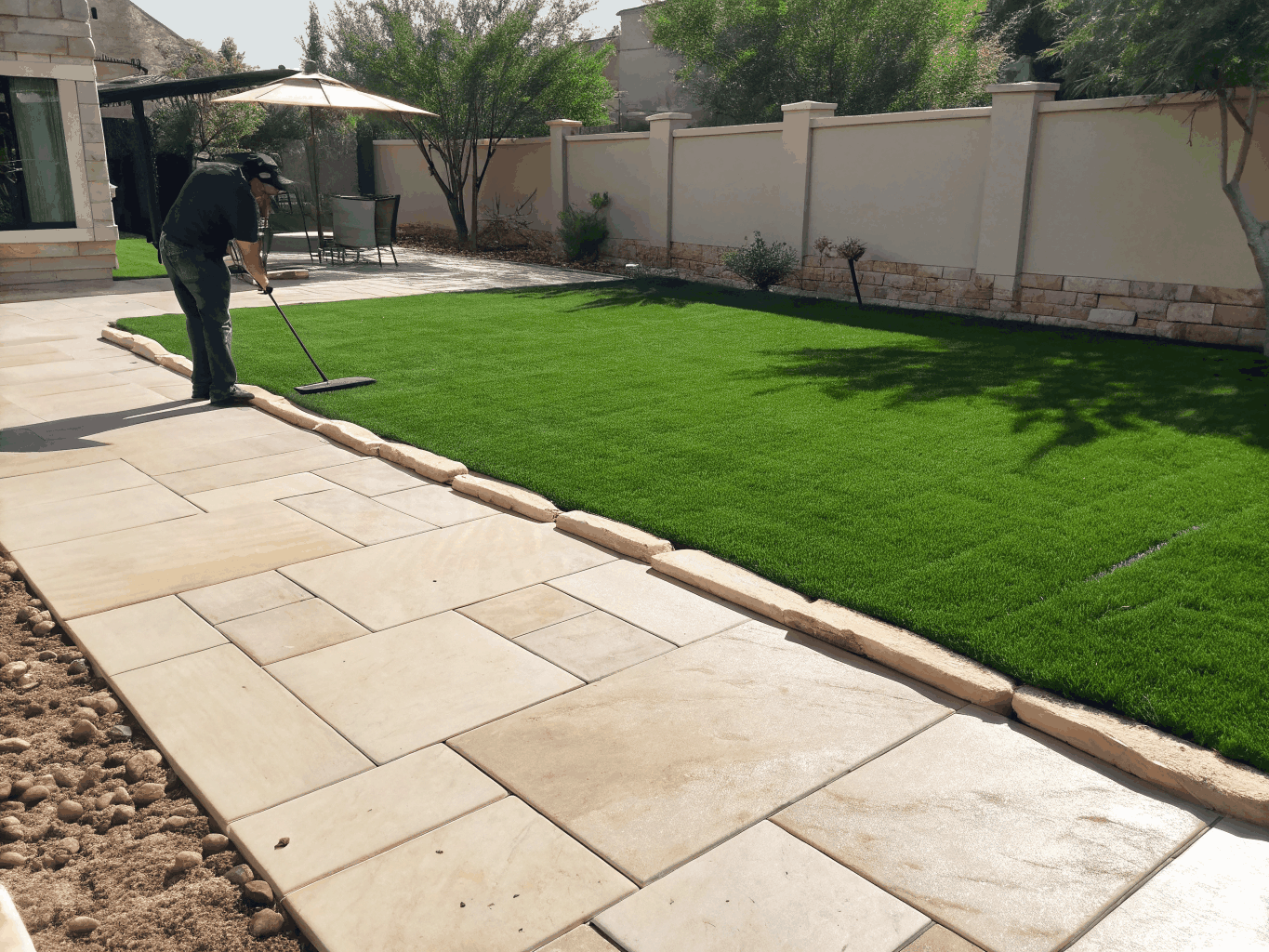 Turf technician applying infill and securing edge seams with specialized repair equipment