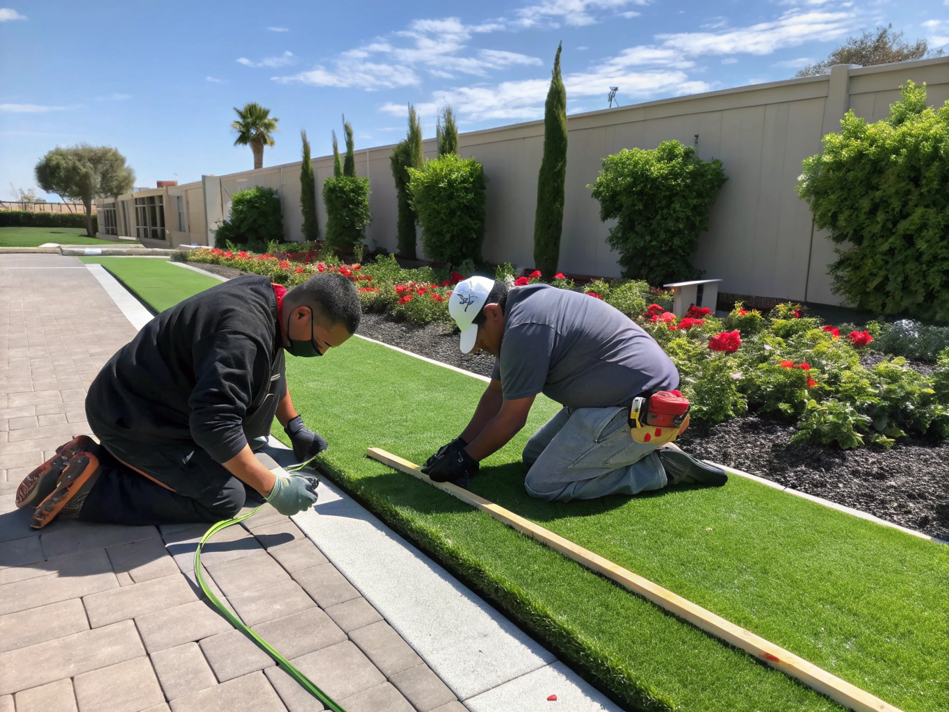 Technician applying professional seam tape and adhesive to artificial grass joint