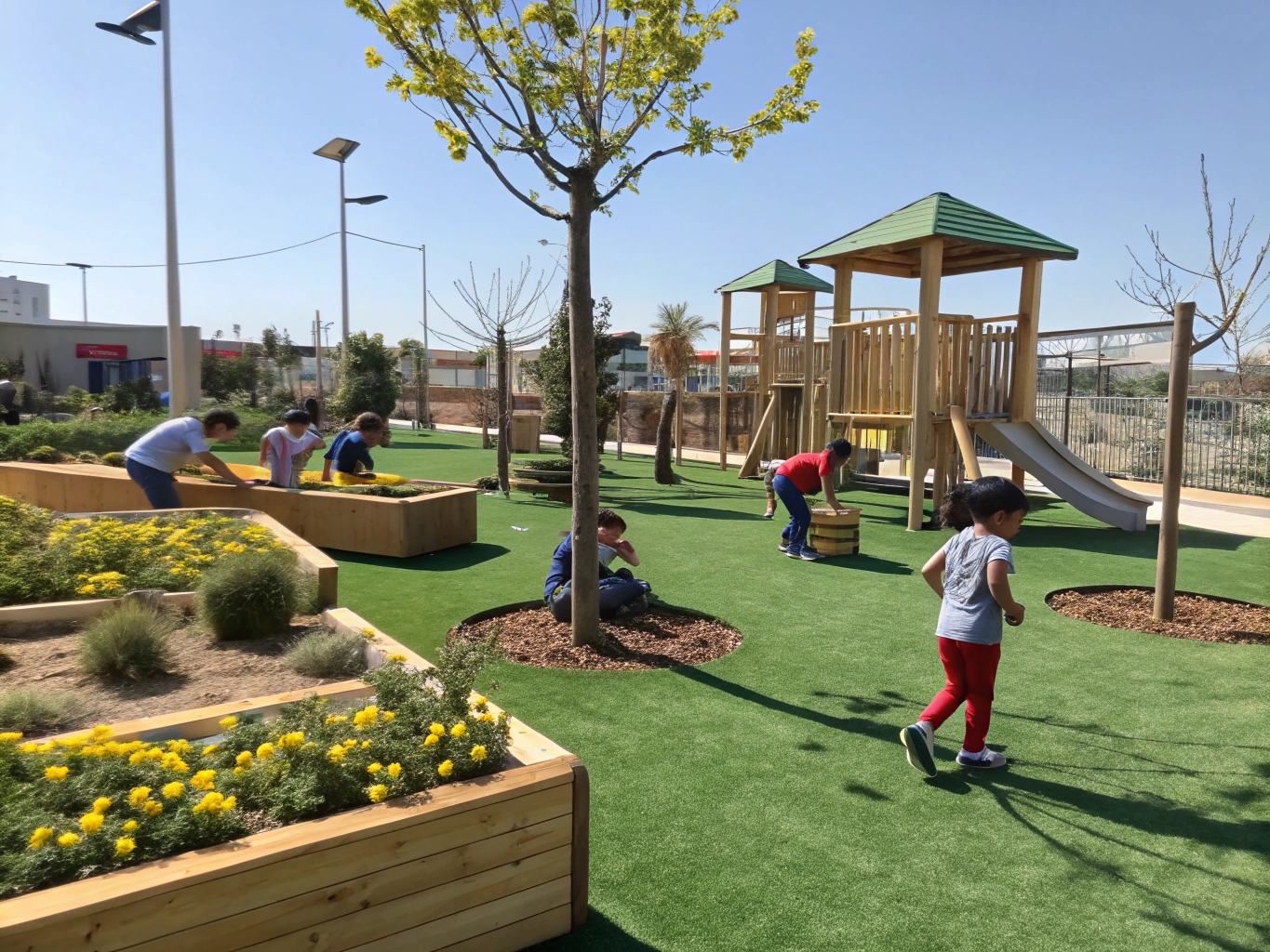 Community park play structure with bright green synthetic safety turf surface